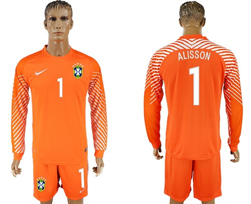 Brazil #1 Alisson Orange Goalkeeper Long Sleeves Soccer Country Jersey